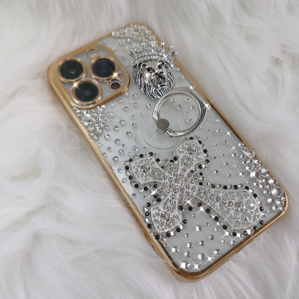 ライオンと十字架デコストーン iPhoneケース スマホケース