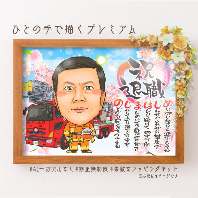 似顔絵 退職祝い・消防士／消防官（消防署）として働いてきた