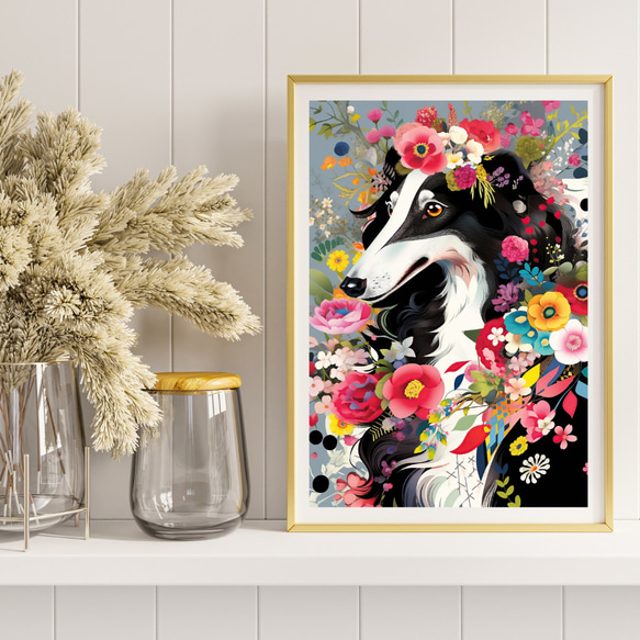 【花とボルゾイ犬の夢の世界 No.2】アートポスター 犬の絵 犬の絵画 犬のイラスト 8枚目の画像