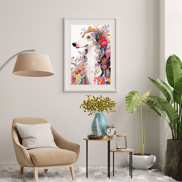 【花とボルゾイ犬の夢の世界 No.3】アートポスター 犬の絵 犬の絵画 犬のイラスト 7枚目の画像