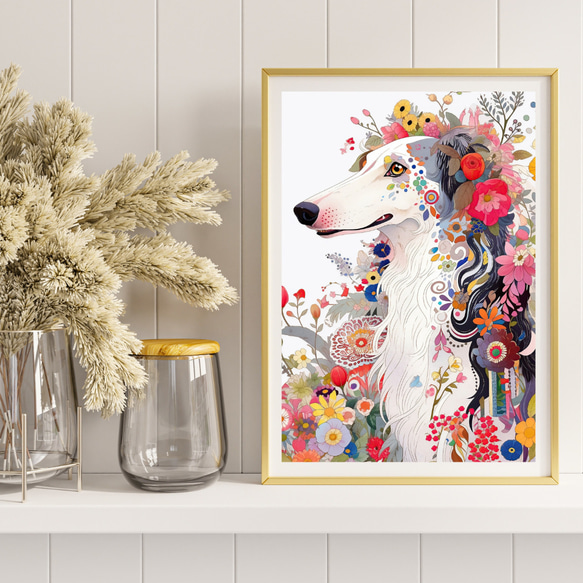 【花とボルゾイ犬の夢の世界 No.3】アートポスター 犬の絵 犬の絵画 犬のイラスト 8枚目の画像