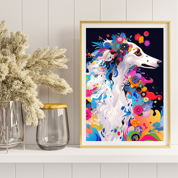 【花とボルゾイ犬の夢の世界 No.6】アートポスター 犬の絵 犬の絵画 犬のイラスト 8枚目の画像