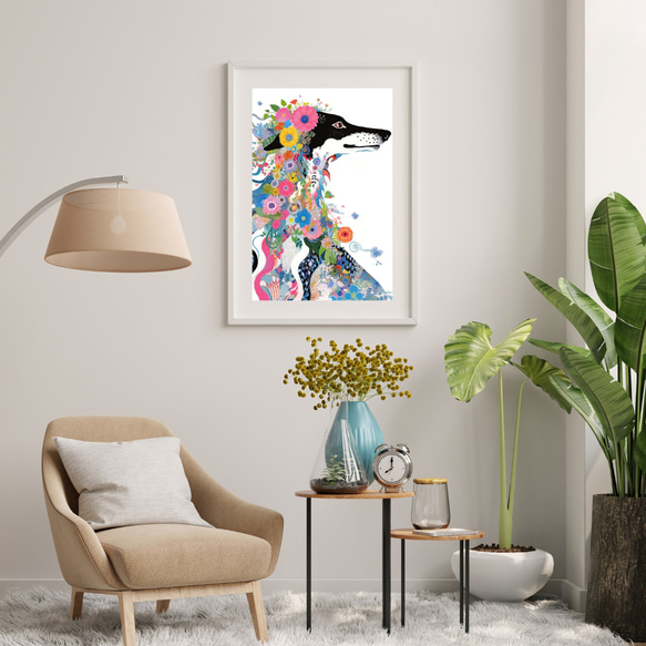 【花とボルゾイ犬の夢の世界 No.8】アートポスター 犬の絵 犬の絵画 犬のイラスト 7枚目の画像