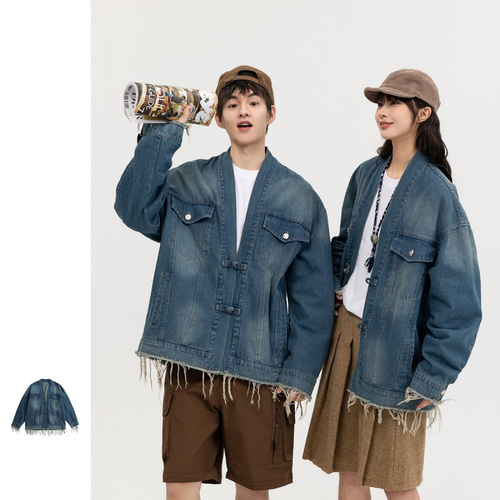 メンズ・レディース兼用·レトロな道着水洗いデニムジャケットゆったり