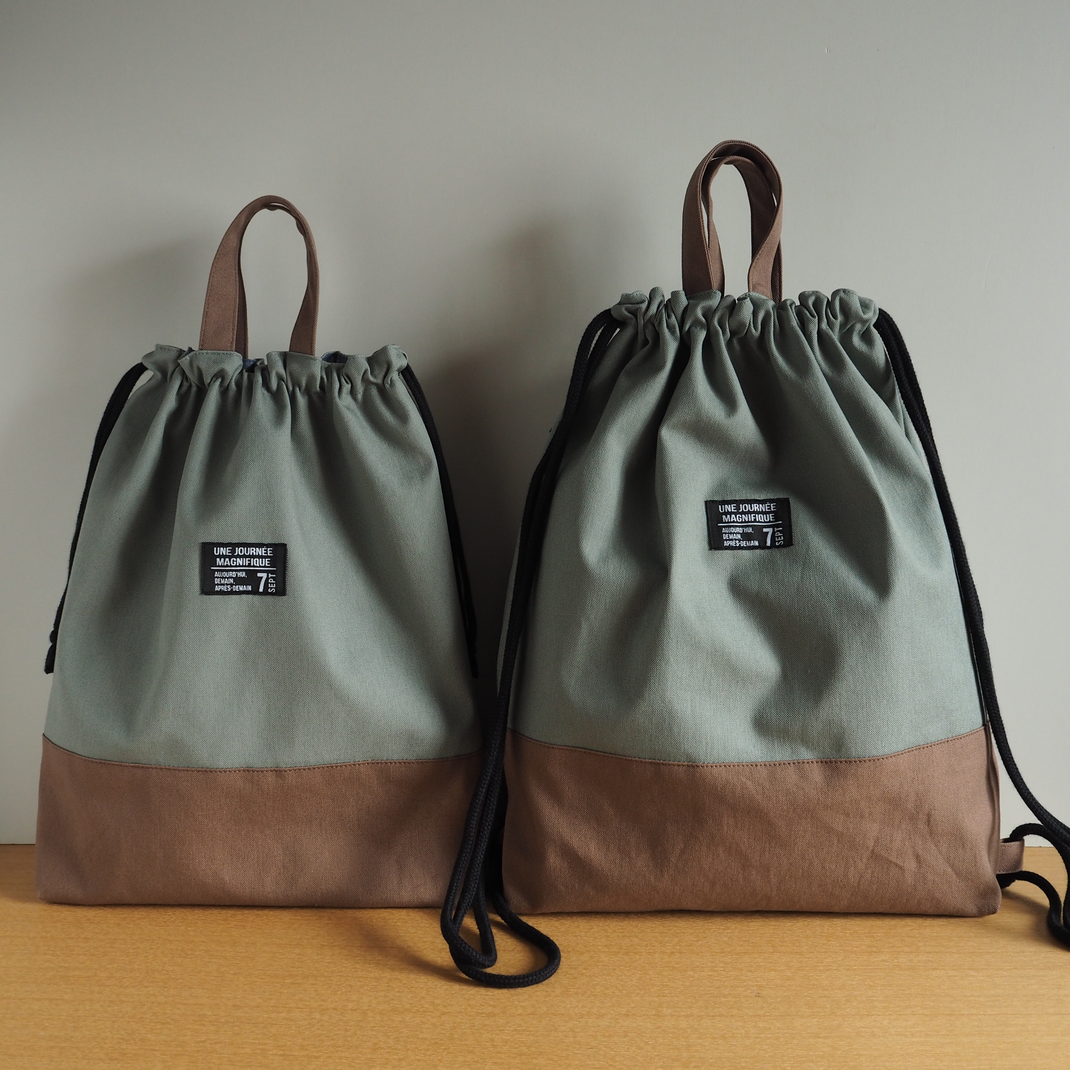 ナップサックor巾着☆ライトカーキ×ブラウン☆アースカラー