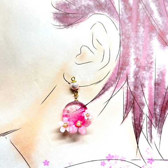 切子硝子風レジンと桜の花の耳飾り  選べるイヤリング／ピアス／チャーム 2枚目の画像