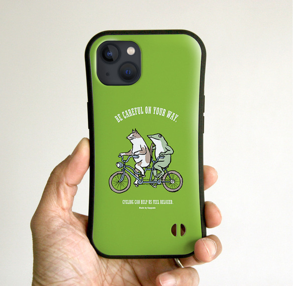 グリップiPhoneケース　自転車で行こう（ライム） 1枚目の画像