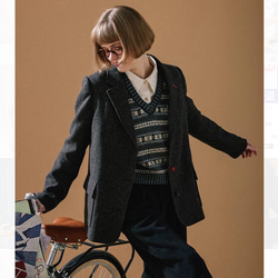 こっくり色 パイピング仕様チェック柄 ノーカラージャケット【春秋冬