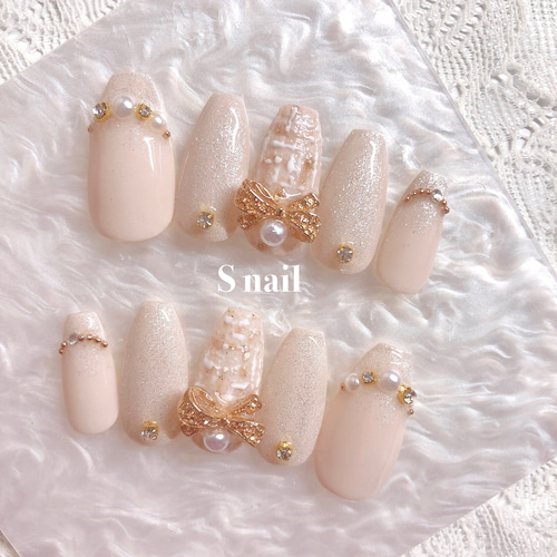 ネイルチップ ベージュ マグネットネイル ツイード リボン 韓国  