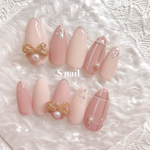 ネイルチップ ベージュ マグネットネイル ツイード リボン 韓国  