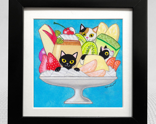 絵画。原画【月の白い猫に美しいバラを三本植えました】 edf00f032766486380b2c026f163e8