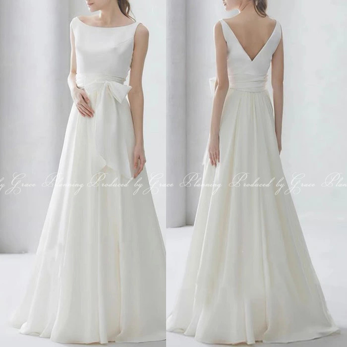 ウェディングドレス シンプル Aライン ノースリーブ ファスナー 結婚式 前撮り 二次会 リボン付き gcd_7014