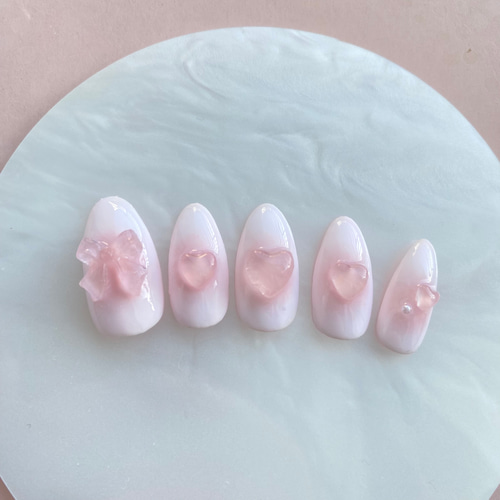 【No.009】ピンク系ネイルチップ♡チークネイル♡春ネイル♡ハート♡リボン No.009】ピンク系ネイルチップ♡チークネイル♡春ネイル♡ハート