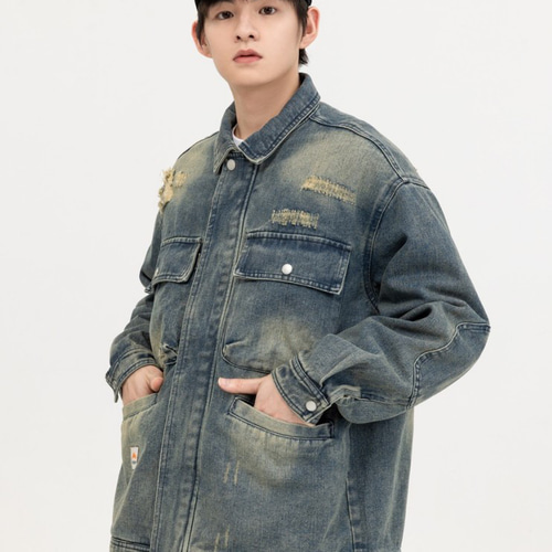 メンズ・レディース兼用·大きなポケットのデニムコートヴィンテージの