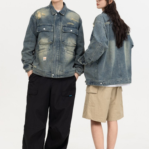 メンズ・レディース兼用·大きなポケットのデニムコートヴィンテージの