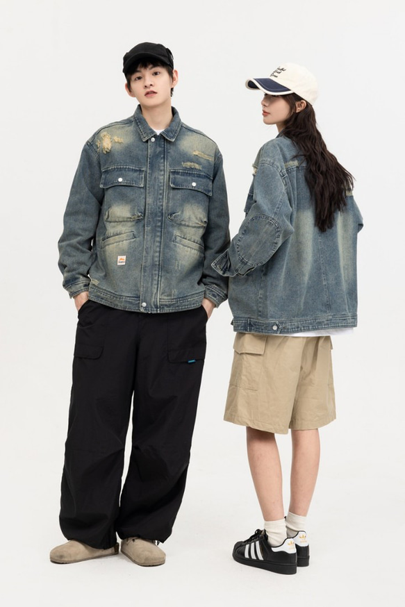 メンズ・レディース兼用·大きなポケットのデニムコートヴィンテージのゆったりしたジャケットのカップルの上着 W166 2枚目の画像