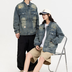 メンズ・レディース兼用·大きなポケットのデニムコートヴィンテージのゆったりしたジャケットのカップルの上着 W166 3枚目の画像