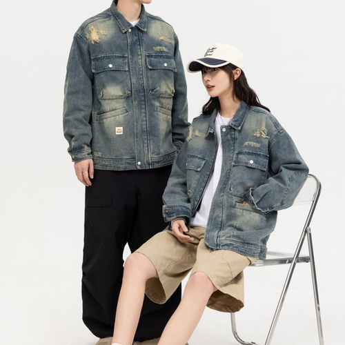 メンズ・レディース兼用·大きなポケットのデニムコートヴィンテージの