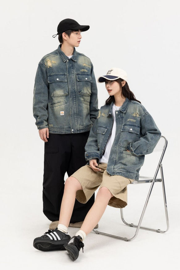 メンズ・レディース兼用·大きなポケットのデニムコートヴィンテージのゆったりしたジャケットのカップルの上着 W166 3枚目の画像