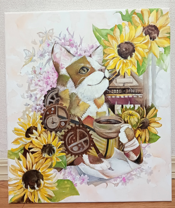 アート原画：「ツギハギ猫の寺子宿」45.5×53cmキャンバス木枠/油絵 2枚目の画像