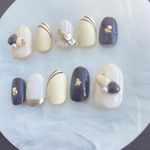 バレンタイン チョコレートネイル ハート リボン ブラウン ミルク