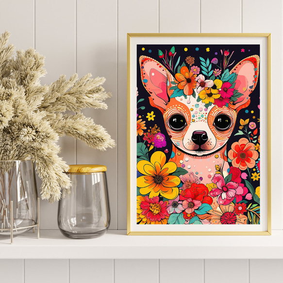 【花とチワワ犬の夢の世界 No.3】アートポスター 犬の絵 犬の絵画 犬のイラスト 8枚目の画像