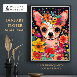 【花とチワワ犬の夢の世界 No.3】アートポスター 犬の絵 犬の絵画 犬のイラスト 1枚目の画像