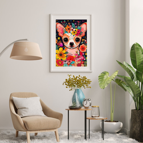 花とチワワ犬の夢の世界 No.3】アートポスター 犬の絵 犬の絵画