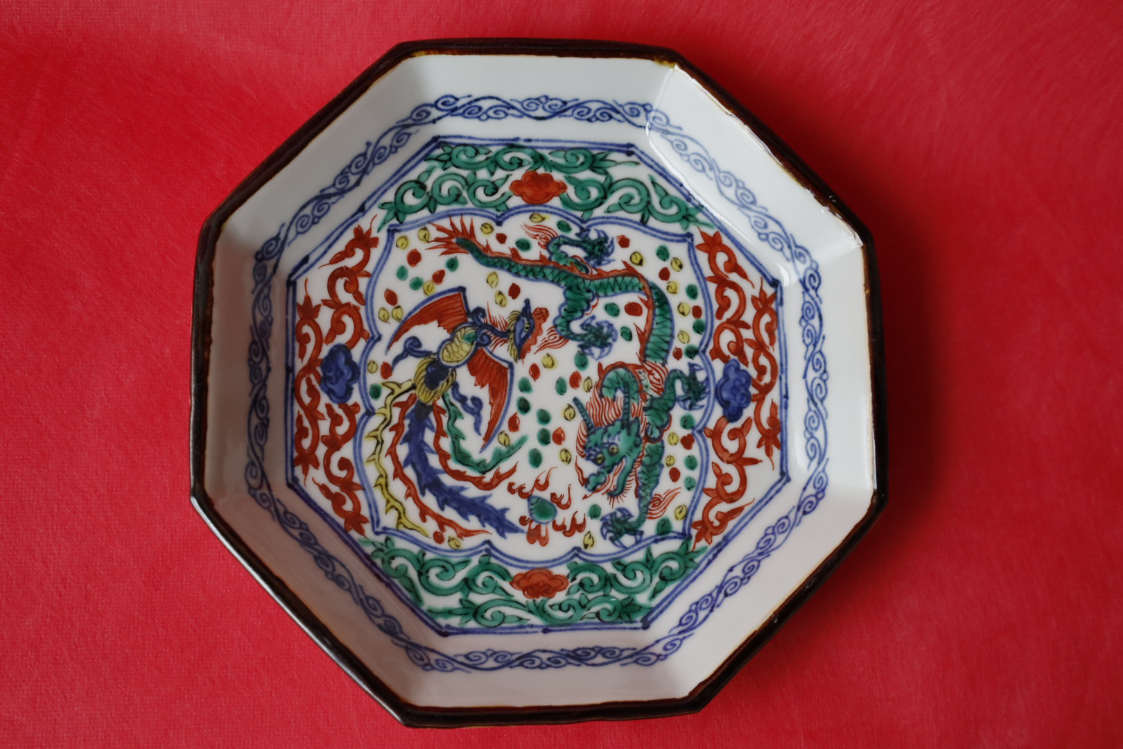 色絵万歴龍鳳凰紋様八角５寸皿