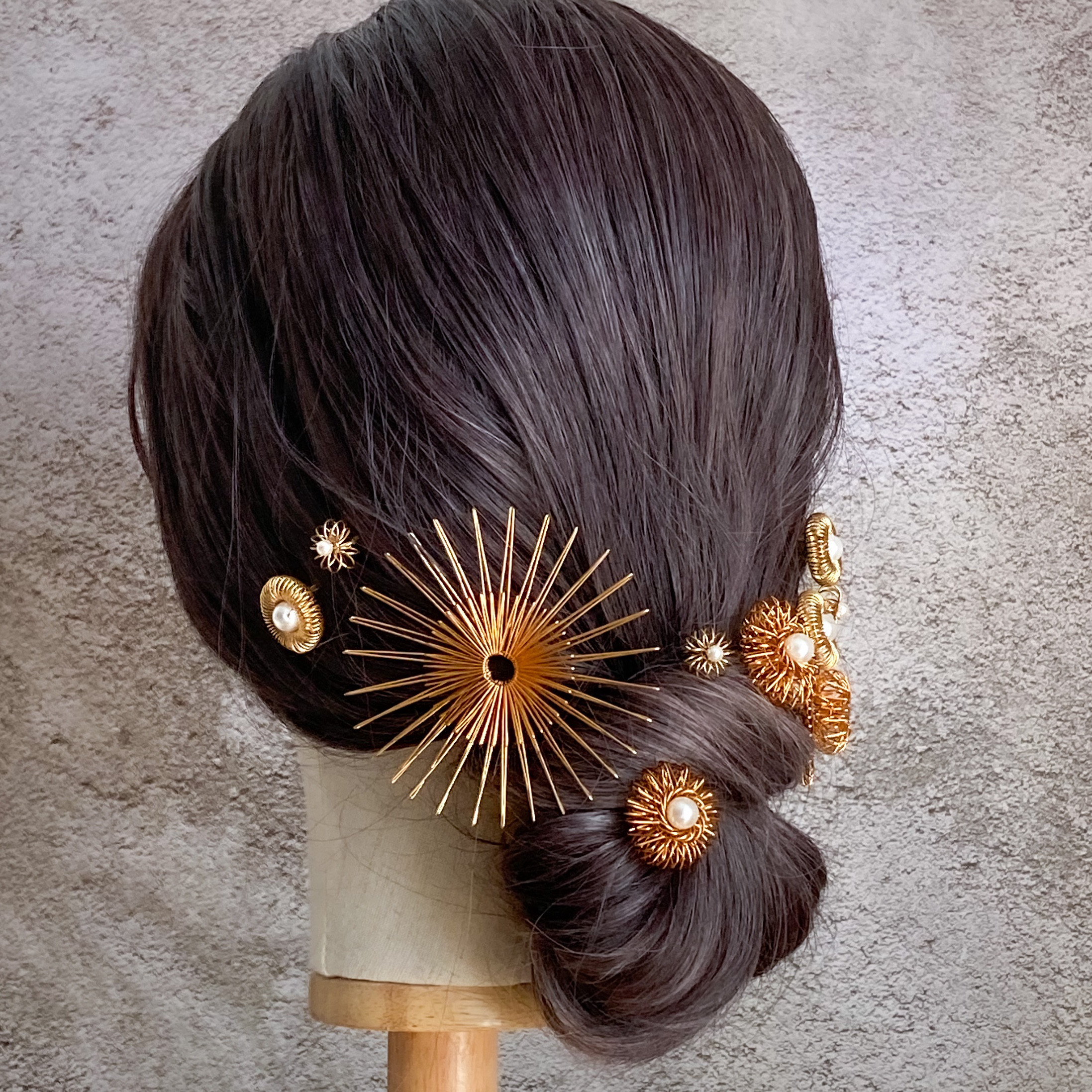 ゴールド×パールの髪飾り　水引　成人式　卒業式　和装　結婚式　ウエディング　袴　前撮り　振袖　着物　和婚