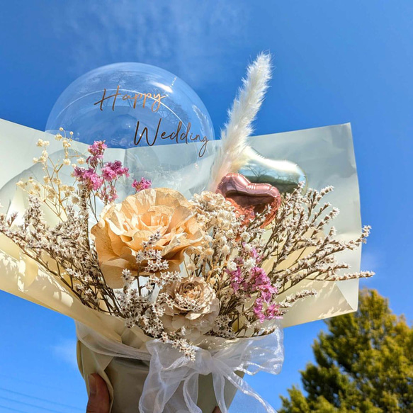【送料無料】ドライフラワーアレンジギフト│バルーン電報　開店祝　誕生日　結婚式　記念日　ドライフラワー　マシェリローズ 5枚目の画像