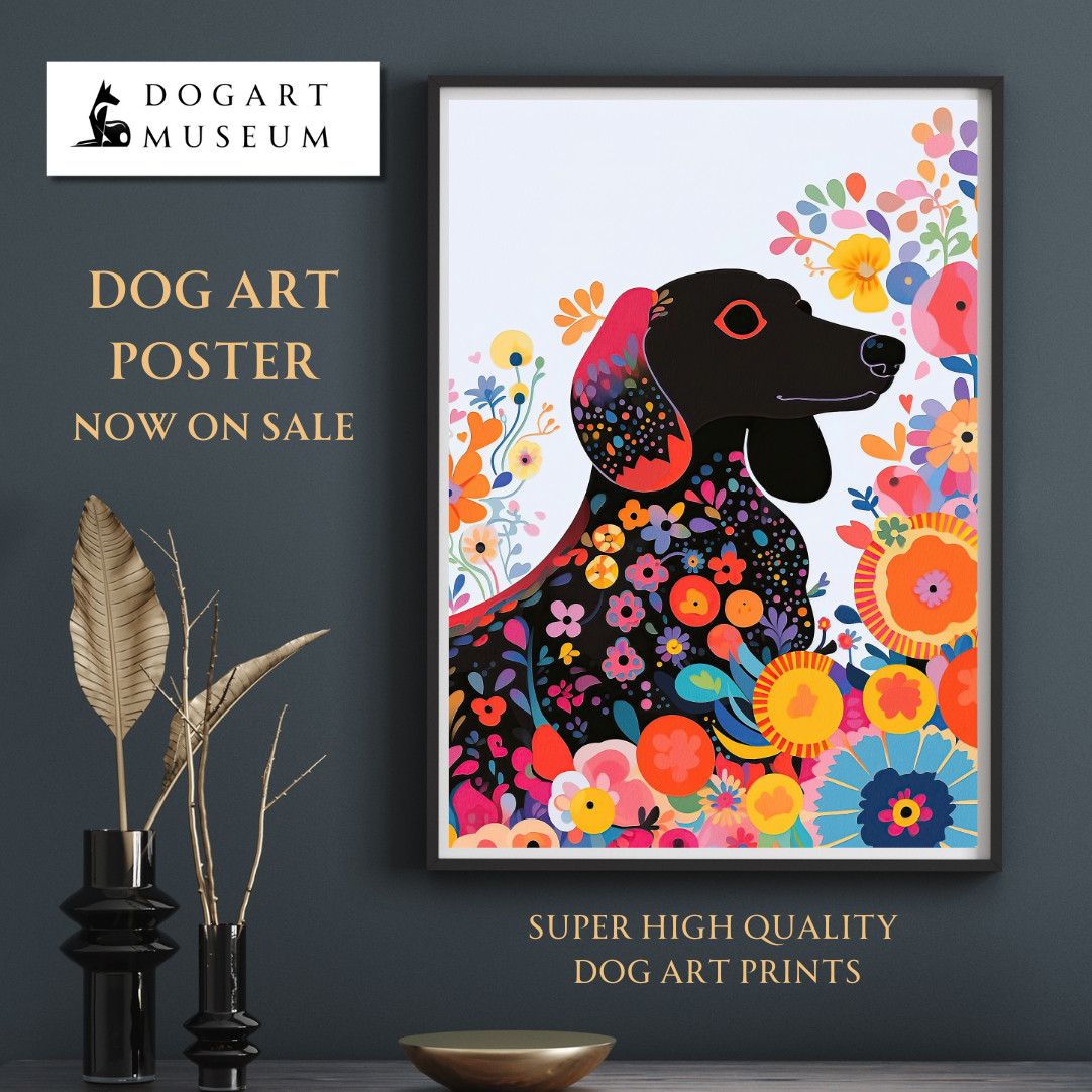 【花とダックスフンド犬の夢の世界 No.4】アートポスター 犬の絵 犬の絵画 犬のイラスト        Ω