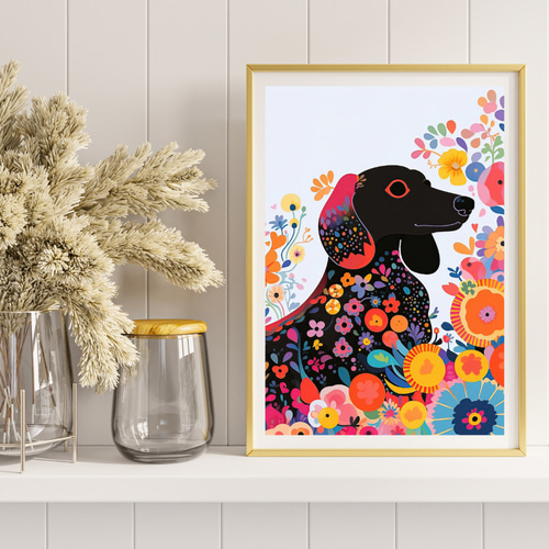花とダックスフンド犬の夢の世界 No.4】ジークレー版画＊名入れOK