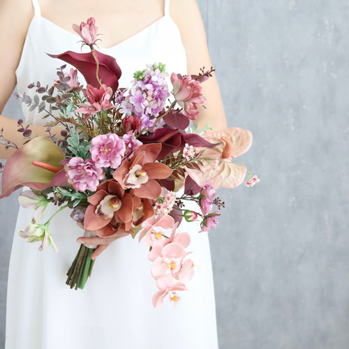 ピンクブラウンの大人可愛いウェディングブーケ＆ブートニア 完成品