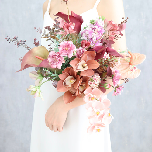 ピンクブラウンの大人可愛いウェディングブーケ＆ブートニア 完成品