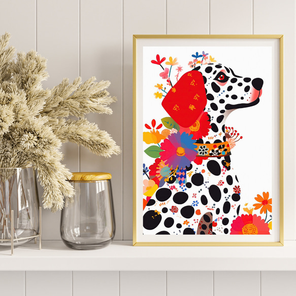 【花とダルメシアン犬の夢の世界 No.1】アートポスター 犬の絵 犬の絵画 犬のイラスト 8枚目の画像