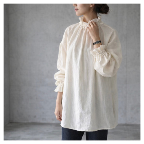 ふわふわ厚さ2倍のとろみ厚手ダブルガーゼブラウス／フリルネック