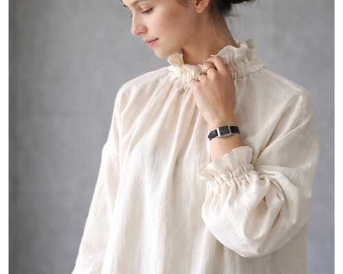 ふわふわ厚さ2倍のとろみ厚手ダブルガーゼブラウス／フリルネック