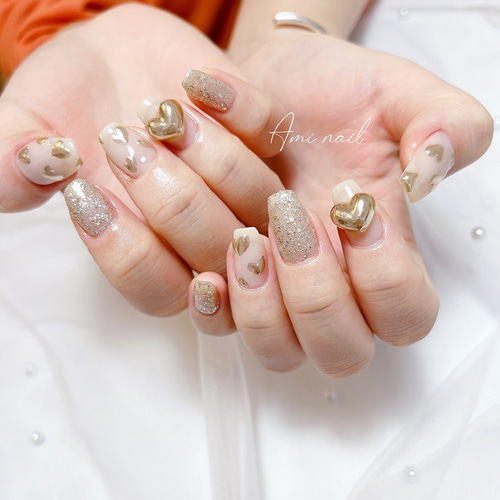 ネイルチップ＊ぷっくりミラーハート シャンパンゴールド ホワイト