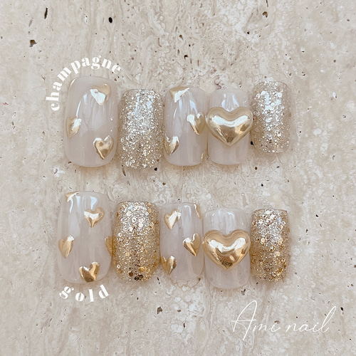 ネイルチップ＊ぷっくりミラーハート シャンパンゴールド ホワイト  