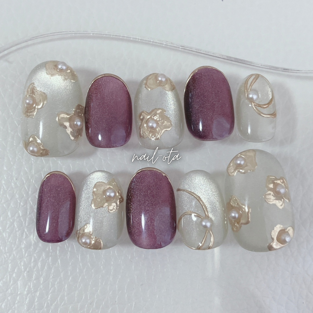 ネイルチップ 花 成人式 前撮り 振袖 紫 マグネットネイル