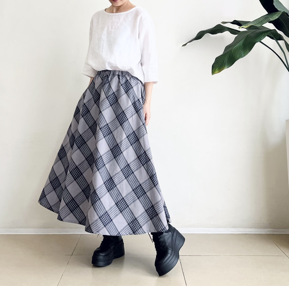 フレアースカート　cotton linen　GreyXNavy タータンチェック 7枚目の画像