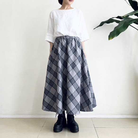 フレアースカート　cotton linen　GreyXNavy タータンチェック 2枚目の画像