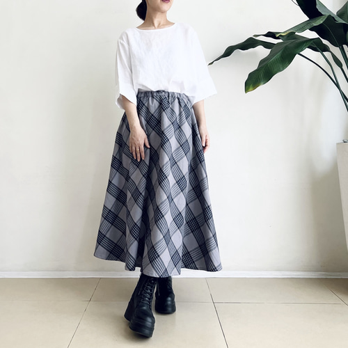 フレアースカート cotton linen GreyXNavy タータンチェック