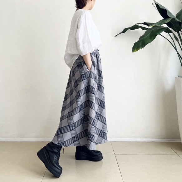 フレアースカート　cotton linen　GreyXNavy タータンチェック 6枚目の画像