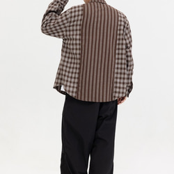 メンズ・レディース兼用·春の新作チェックパッチワークストライプシャツ長袖シャツ W174 4枚目の画像