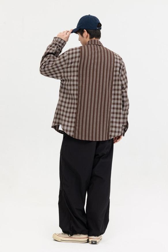 メンズ・レディース兼用·春の新作チェックパッチワークストライプシャツ長袖シャツ W174 4枚目の画像