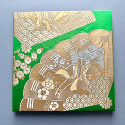 着物のファブリックパネル　赤に毱と緑に扇（2枚セット）着物リメイク　インテリア　古民家　ひなまつり　壁飾り　日本　土産 7枚目の画像