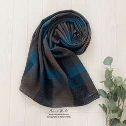 《ブルーグリーン チェック》おしゃれな  ナチュラル 大きめ 茶系 ベージュ ガーゼ ウール 秋 冬 ストール 2枚目の画像