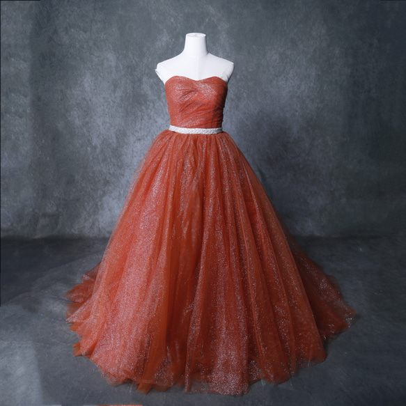 クラシカル カラードレス テラコッタ色 ベアトップ ビジュー ビスチェ  